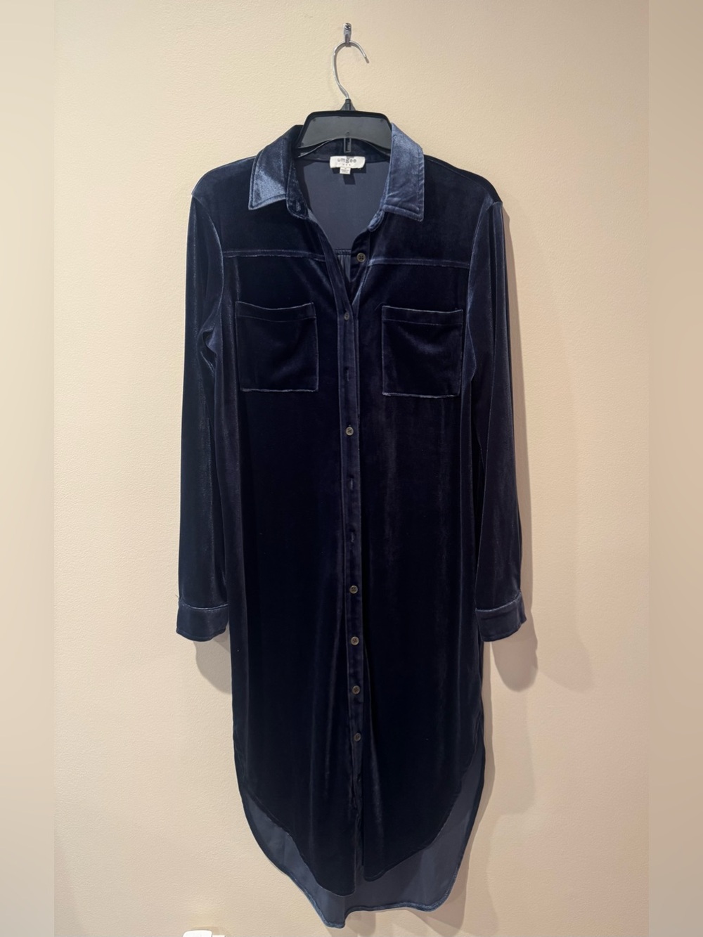 Umgee Velvet Button-Front Long Sleeve Shirt Dress - Navy Blue